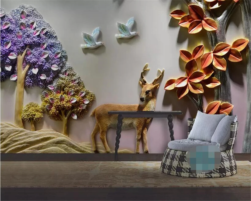 beibehang Customized luxury living room bedside table 3d wallpaper embossed fortune tree elk photo mural tapety | Обустройство дома
