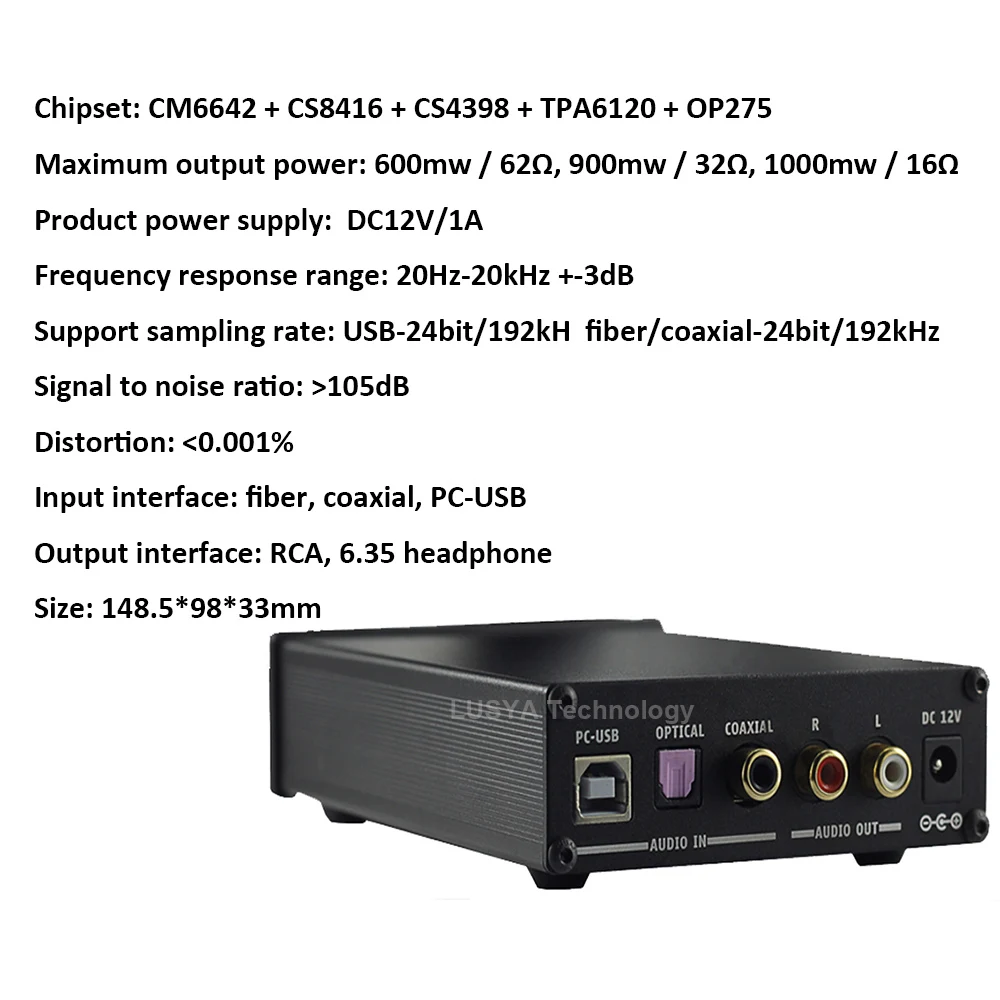 Lusya CS4398 CS8416 Bluetooth 5.0 APTX Fiber