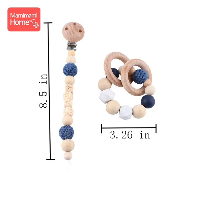 Детский деревянный Прорезыватель для зубов, 1 набор, зажим для детской коляски, бук, грызун, гимнастическая игра, персонализированное имя, соска, цепь, жевательный браслет, детские товары, игрушка - Цвет: Blue Set 1
