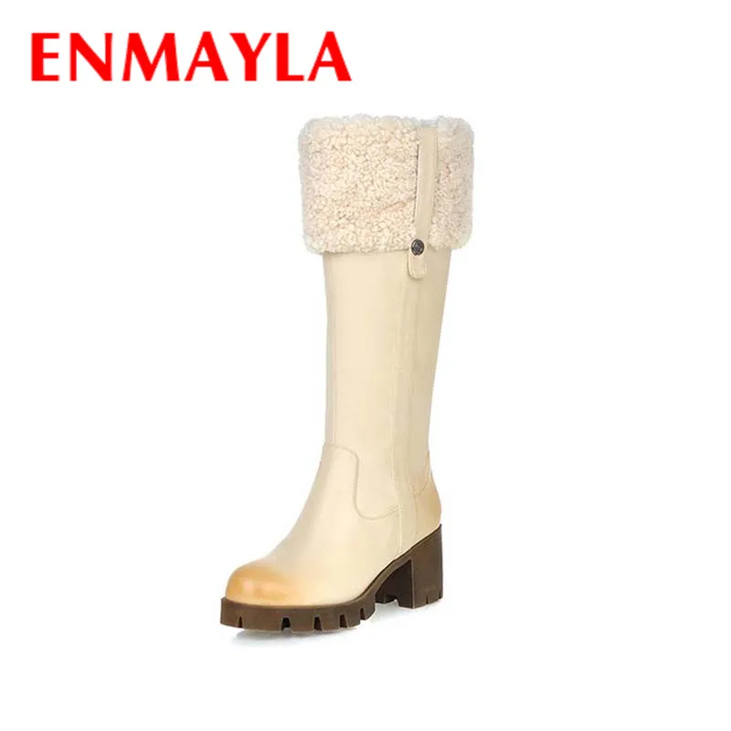

ENMAYLA New Fashion Style Winter Boots for Women Knee-High Slip-On Charm Round Toe Platform Square High Heels Large Size 34-43