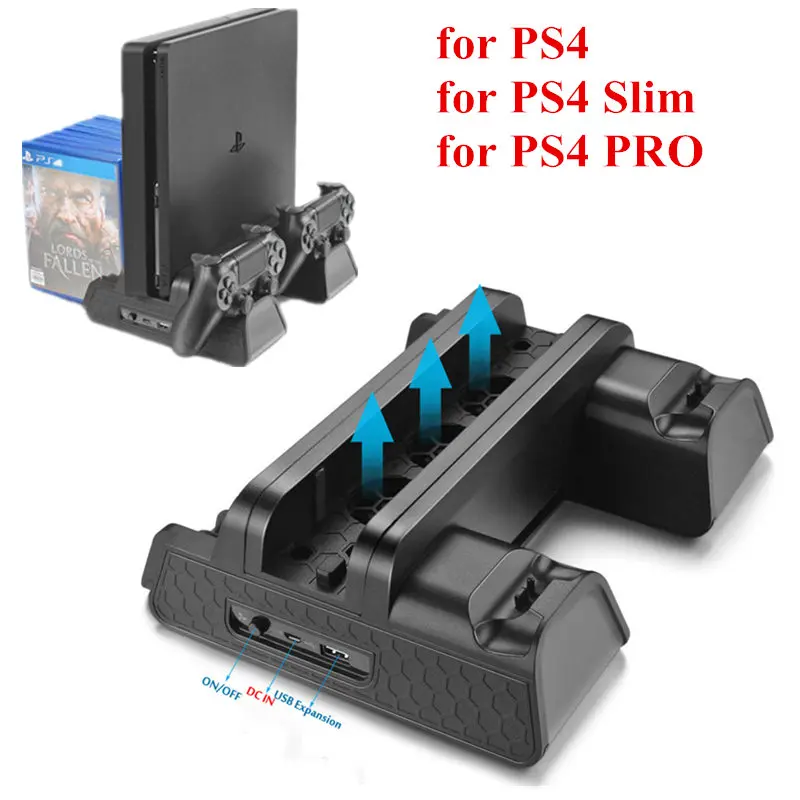 

Vertical Stand Cooling Fan Cooler Dual Controller Charger Charging Station +Disc Storage for SONY Playstation 4 PS4 Slim PS4 Pro