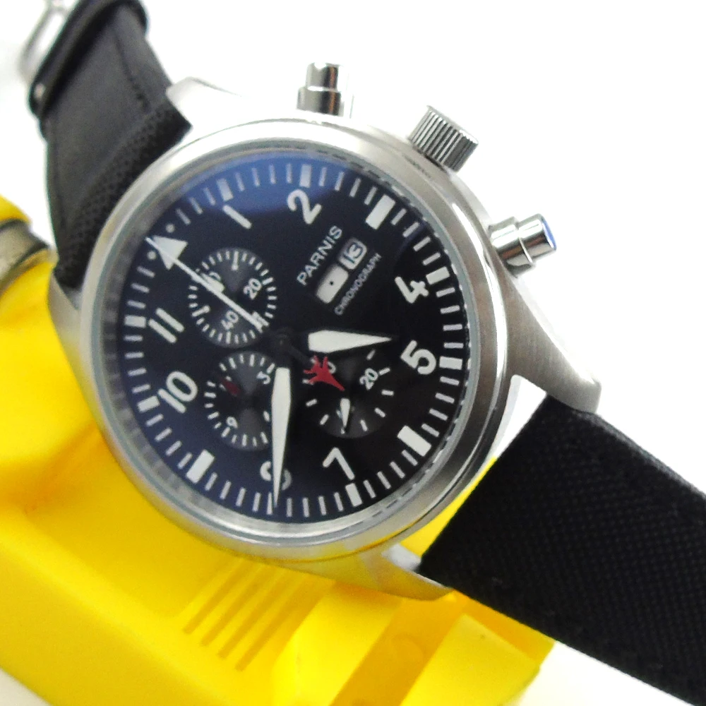 

42MM Parnis Sports Three Chronograph Areas Men Quartz Date Watch Black Dial
