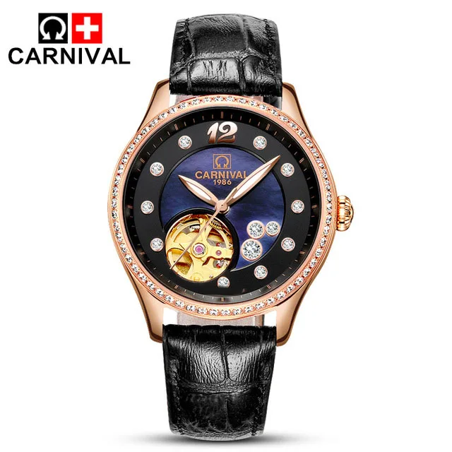 

Luxury Carnival Brand Miyota Mechanical Watches Women Skeleton Shell Dial Diamond Waterproof Leather Fashion Clock