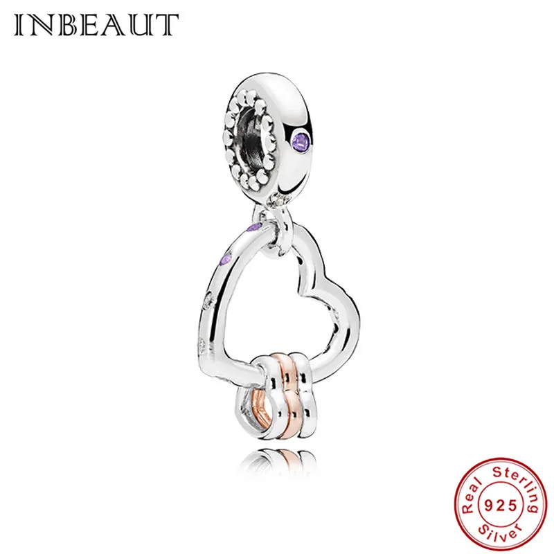 

100% Authentic fit Pandora Bracelet Original 925 Sterling Silver Purple CZ Charm diy Heart in Heart Hoop Beads Pendant Jewelry