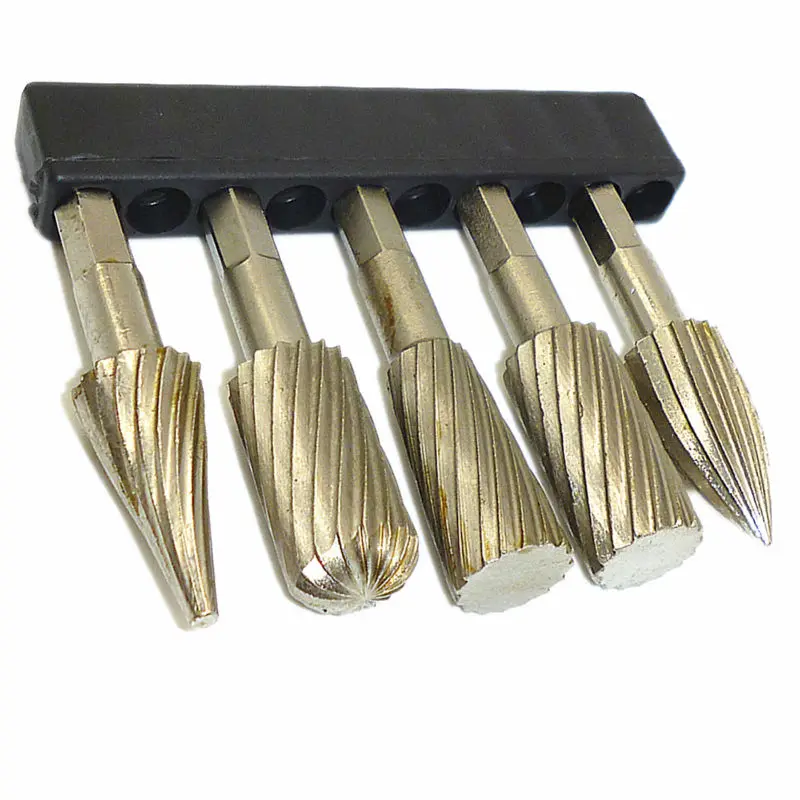 5 Piece Rotary File Rasp Burrs Set 1/4" Hex Shank HSS Drill Bits Tool For Soft Metal/ Plastic