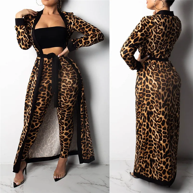 Спортивный костюм для женщин, сексуальный женский леопардовый костюм из трех предметов, модный жилет + Длинные Топы + штаны, костюм из трех