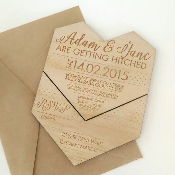  Wooden Wedding invitation. Geometric heart. Snap off RSVP - 32867436772