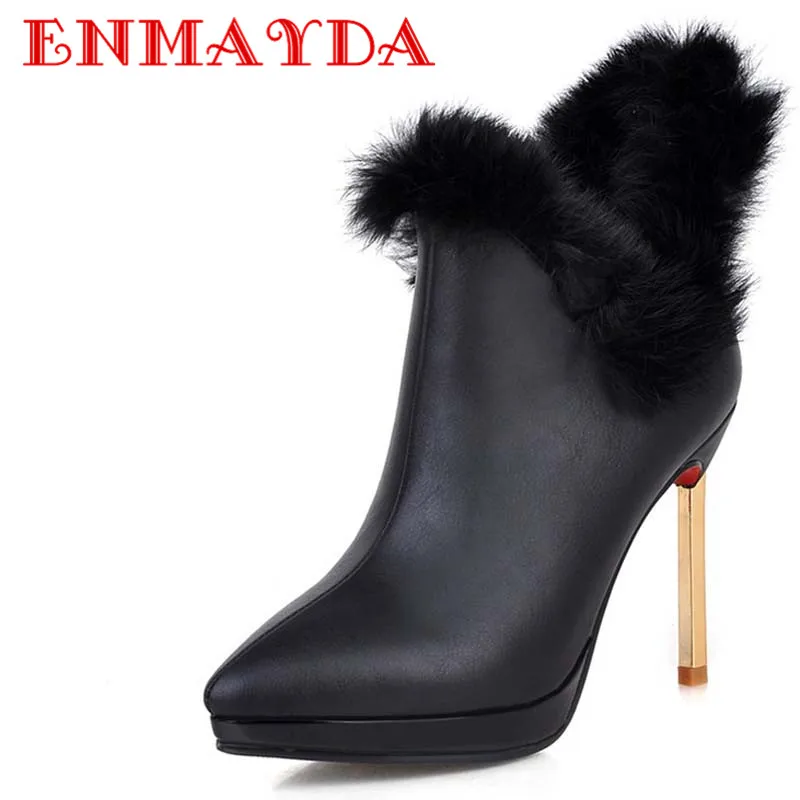 

ENMAYDAPointed Toe Fashion Boots Women Shoes Thin Heels High Boots Soft Leather Winter Black White Red Gold  Platform Snow Boots