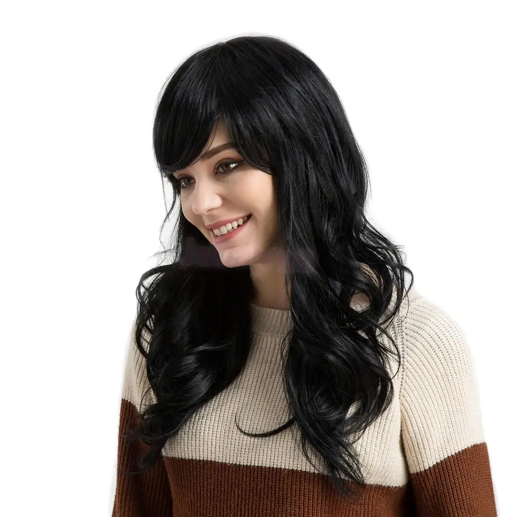 24' Natural Curly Long Wave Wigs with Bangs 100% Human Hair with Cap Black цена 24' Natural Curly Long Wave Wigs with Bangs 100% Human Hair with Cap Black цены онлайн