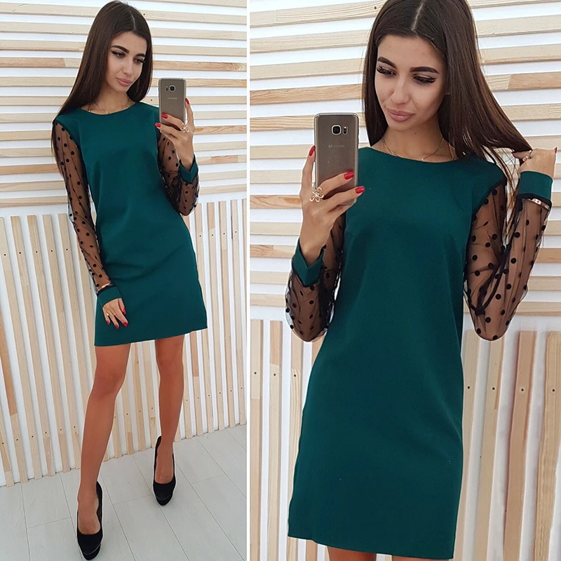 

Elegant Ladies Polka Dot Mesh Patchwork Dress 2018 Women Casual Straight O-Neck Long Sleeve Autumn Dress Vestidos