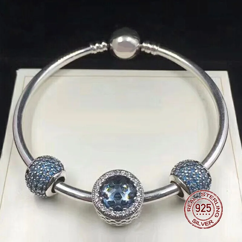 

NEW 100% 925 Sterling Silver Bracelet Blue Charm Bangles for Women With DIY Beads Modern Love Jewelry Bracelet Sets Gift