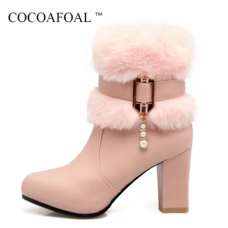 

COCOAFOAL Woman Black Plus Size 43 String Bead Martin Boots Winter Metal Decoration Ankle Boots Fashion Sexy High Heeled Shoes