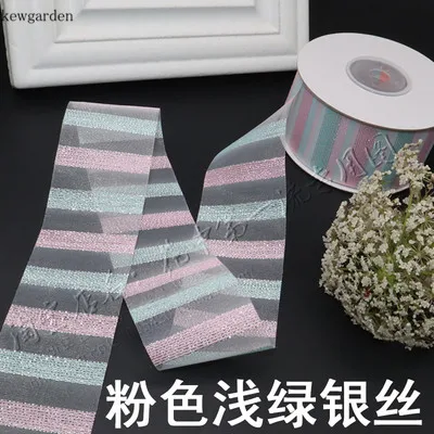 Kewgarden Wholesale Rainbow Stripe Lace Snow Gauze Ribbons 38mm 1.5" Gold Sliver Line Handmade Tape DIY Bowknot Accessories 25Y - Цвет: pink light green sli