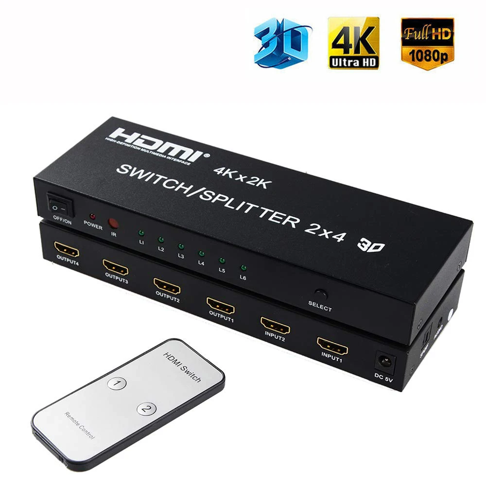

2X4 HDMI Splitter 2 In 4 Out HDMI Switch with SPDIF Audio 3.5mm Support HD 4K 3D 1080P Includes IR Remote Control Power Adapter
