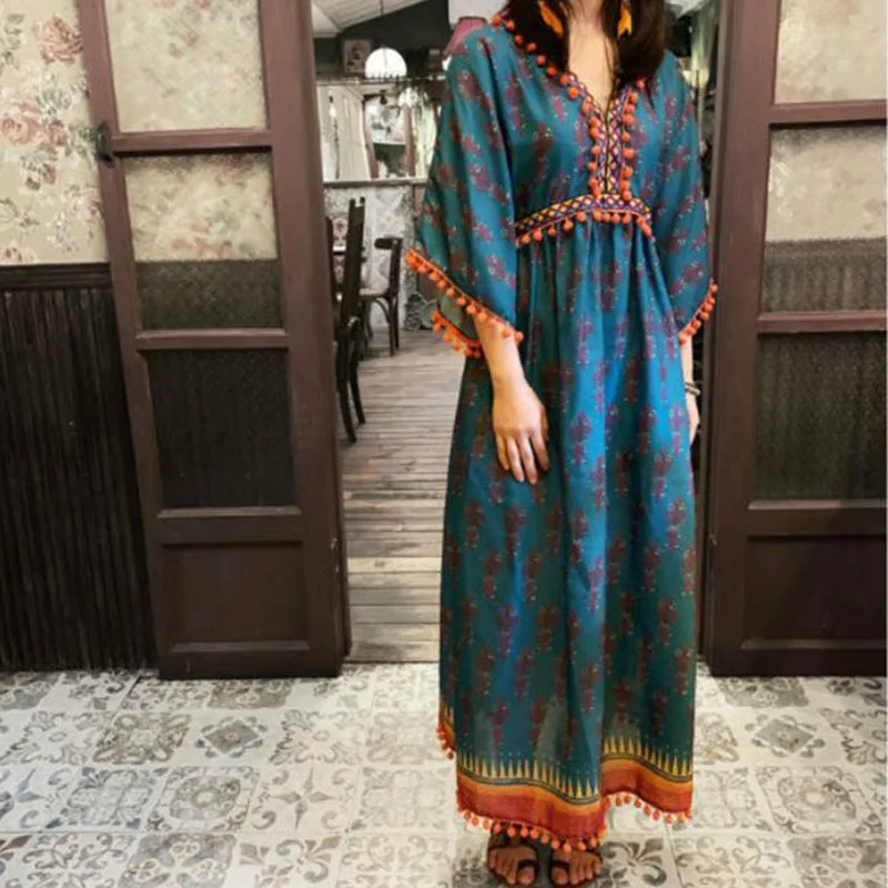 

Holiday V-neck wool jersey embroidered high waist dress