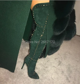 

Fashion Celebrity Sexy Stiletto High Heels Spiked Shoes Woman Pointed Toe Womens Booties Rivet Stud Embellished Thigh High Boots