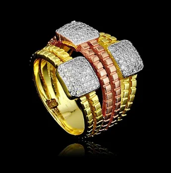 

2016 New Fashion Full Pave Cubic Zircon 3 Layer Device 3 Cubes Ring Secondary Color Rings Jewelry for Women