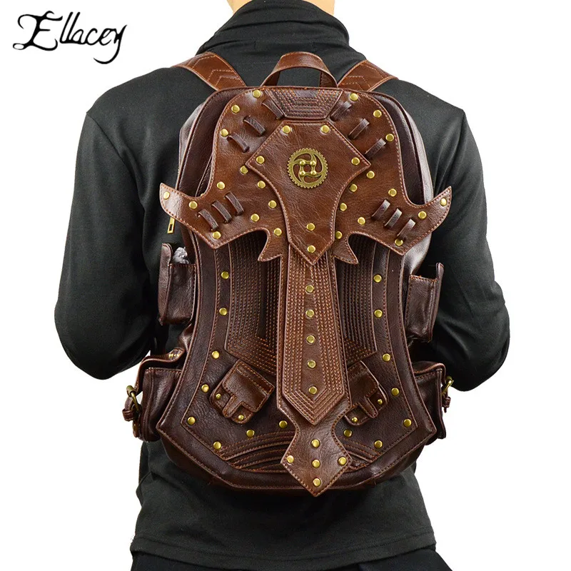 

Punk New 2019 Leather Wing Design Backpack Men Women Steampunk Brown Large Capacity Backpack Female Laptop Bag Rivets Travel Bag