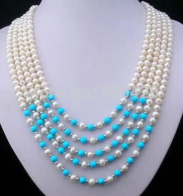 free shipping &gt&gtBeautiful 5 row turquoise white pearl necklace 6-7mm | Украшения и аксессуары