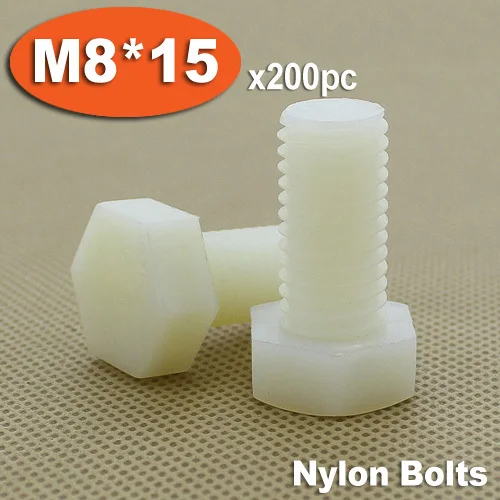 

200pcs DIN933 M8 x 15 Fully Threaded White Plastic Nylon Bolts Hexagon Hex Head Bolt Set Screw Setscrews