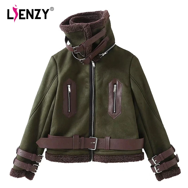 Armée D'agneau Chaud Flocage Manteau Militaire Vert Aviator Feminino Roulé Hiver De Veste Femmes Ceintures Army Green Col Casaco Mode Femme rrgqwW85