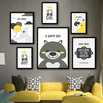 

Cartoon Gray Bear Elephant Pictures Prints Duck Poster Home Decor Nordic Canvas Yellow Crown Quotes Painting Kids Room Wall Art