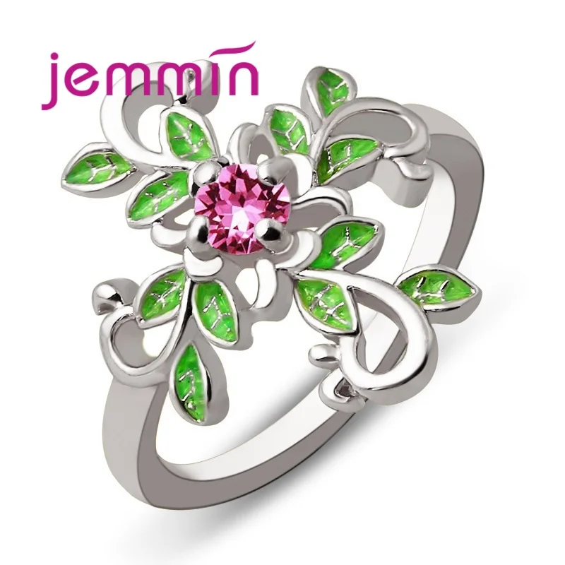 

S90 Silver Ring For Women Delicate Green Leaves Cubic Zirconia Pink Purple CZ Fashion Jewelry Handmade Enamel Drop ship