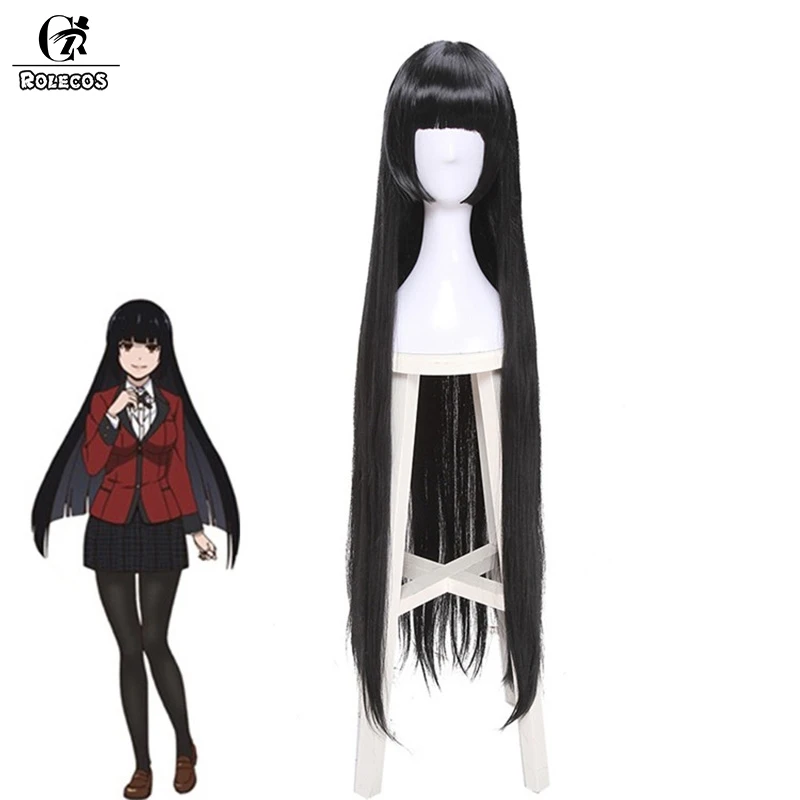 ROLECOS компульсивный игрок Косплей головные уборы Jabami Yumeko Kakegurui аниме синтетические волосы 100 см черные прямые длинные волосы