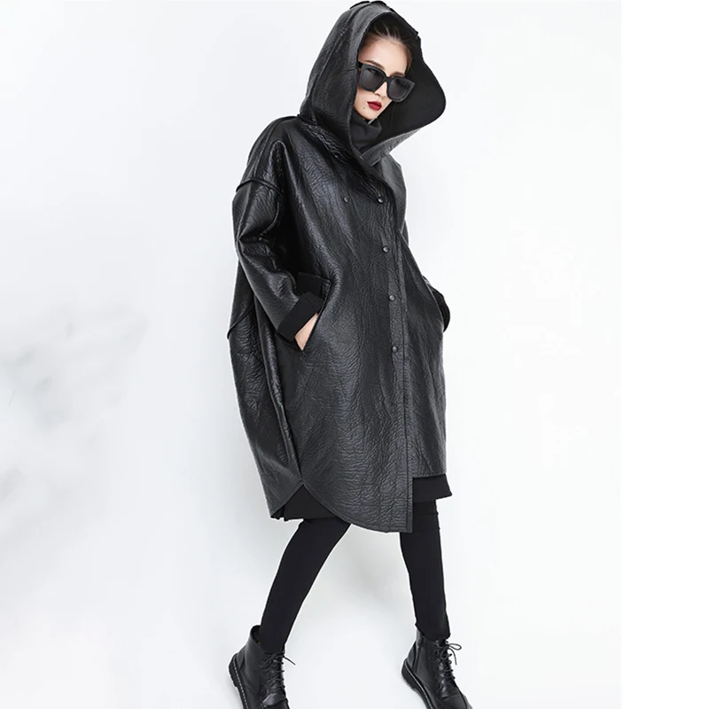 [EAM] 2019 New Spring Hooded Long Sleeve Black Pocket Split Joint Thicken PU Leather Jacket Women Coat Fashion Tide JG637