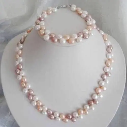 

7-8mm White/Pink/Purple Akoya Cultured Pearl Necklace Bracelet Set BV227
