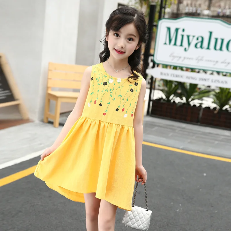 2018 summer teenage girls yellow dresses floral kids clothing bow -in ...