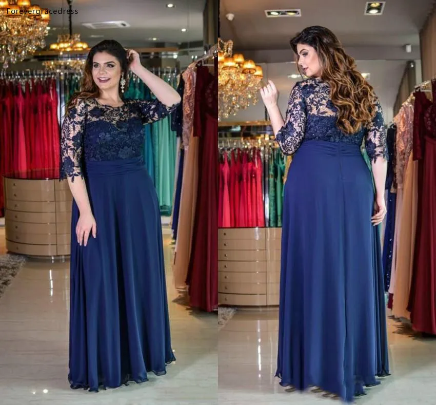 Navy Blue Plus Size Mother of Bride Groom Dresses Modest Sheer Half Sleeves Appliques Formal Mother Evening Gowns  108