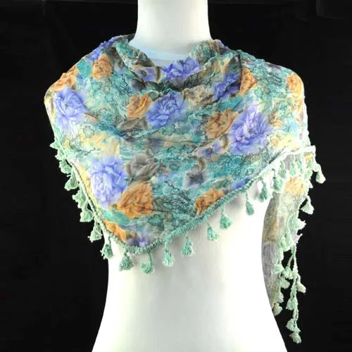 AOLOSHOW модный шарф-шаль для Для женщин Треугольники Кружева цветочные хлопковый шарф с короткими кисточками шарфы для девочек головы