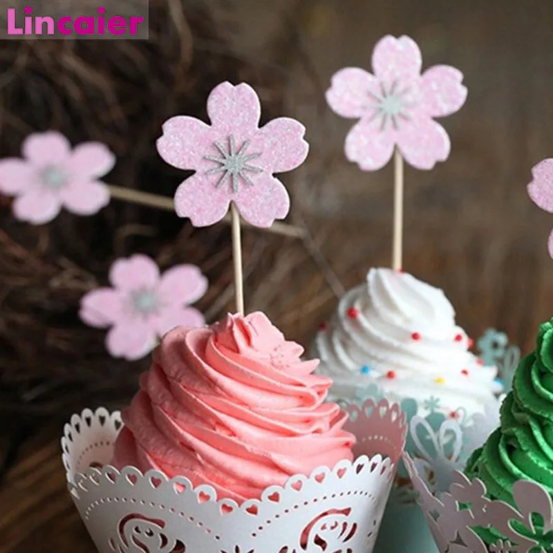 

10pcs Cherry Blossoms Cupcake Toppers Princess Happy Birthday Cake Topper Wedding Cake Decorations Supplies