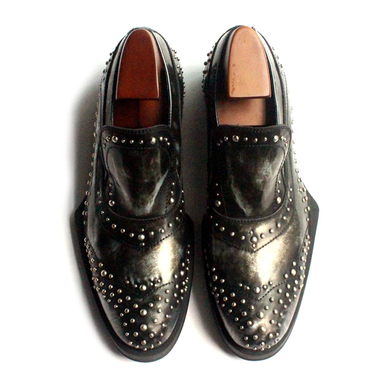 Style Hombre Semelle Mocassins Model Bout Zapatos Hommes Vache Rond Géométrique Classique Glissement Partie En Cuir Chaussures Sur Punk Rivet TEFxz