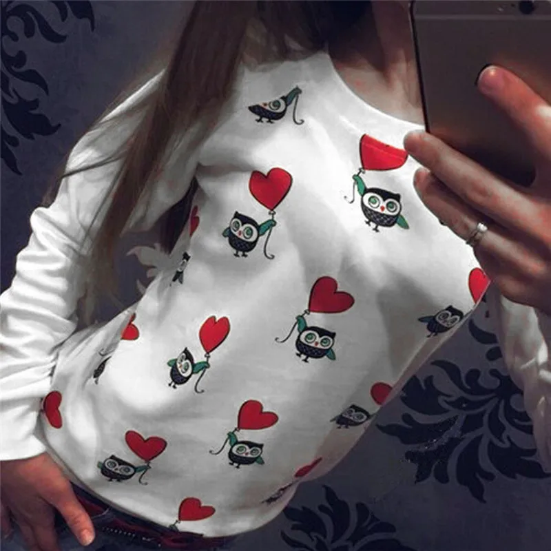 

Women felpe donna Long Sleeve Lovely Round Neck Cotton blended Heart Owl Print Top Casual Blouse White&Green&Pink Sweatshirts