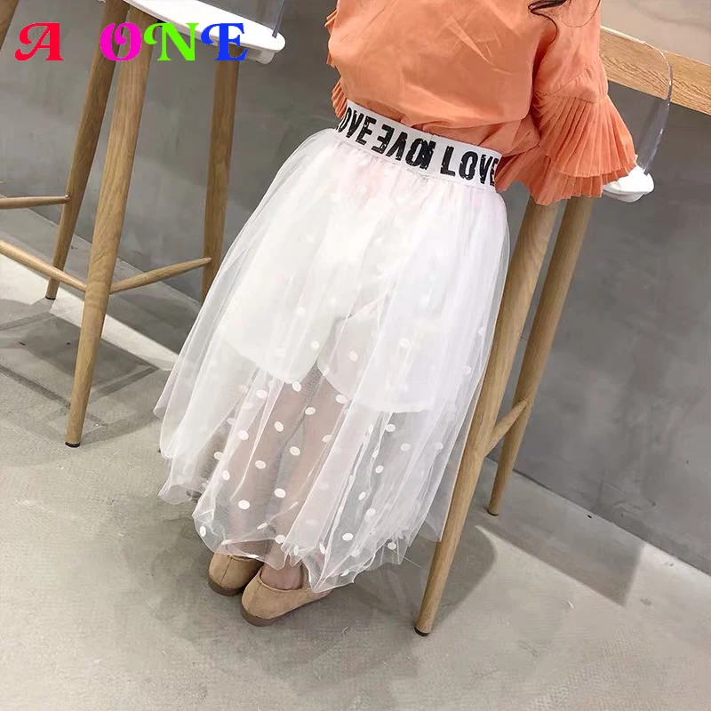 

Spring Summer girls tutu fashion skirt baby mesh skirt kids long skirt children bottoms transparent dot patch letter 3 to 12 yrs