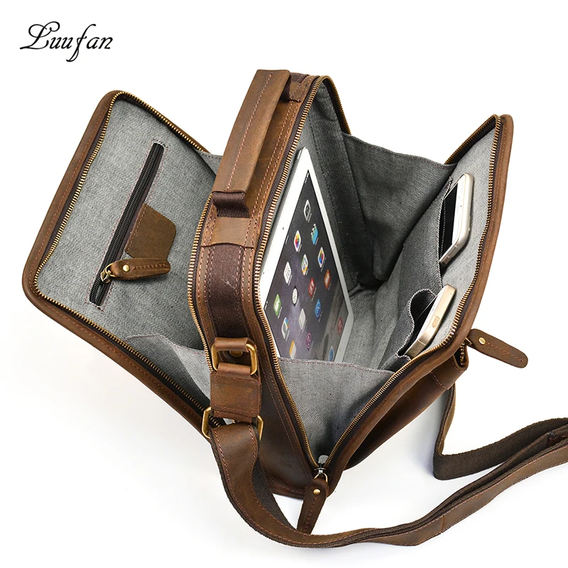 

Mens zip around genuine leather messenger bag vintage crazy horse leather iPad magazine double zipper crossbody bag handbag
