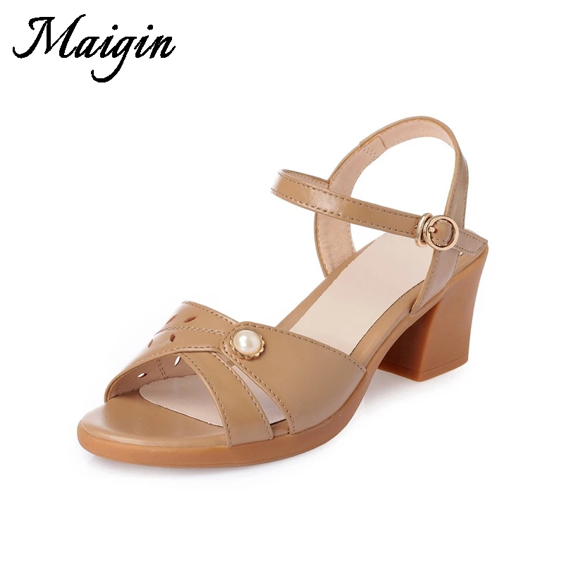 Maigin High Quality Summer Shoes 2018 Genuine Leather Women Sandals Block Heels Ladies Sandals Buckle Strap Female Casual Shoes