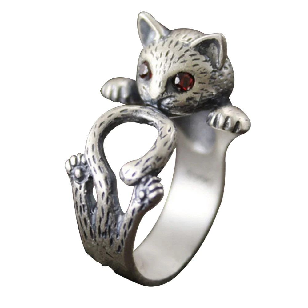 

Retro Women Red Eyes Lucky Cat Kitten Shape Rhinestone Open Finger Ring Jewelry