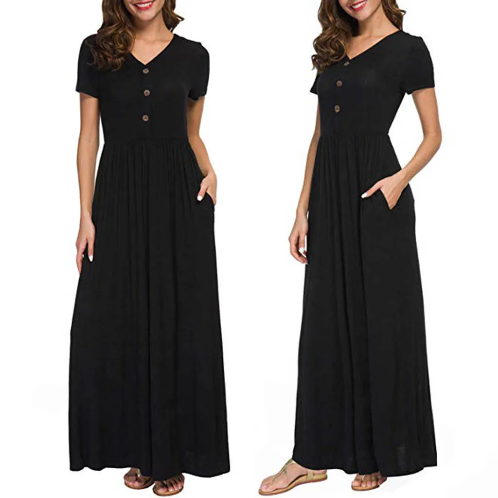 

Comfortable Women Summer Spring Dress Button Solid Color Casual Short Sleeve Pocket Spilt V Neck Loose Maxi Dress