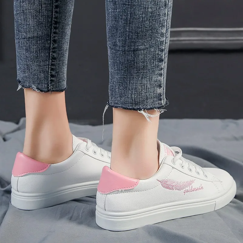 

2019 New White Summer Shoes Woman Sneakers Spring Flat Shoes Breathable Embroidered PU Leather Lace-up Women Shoes