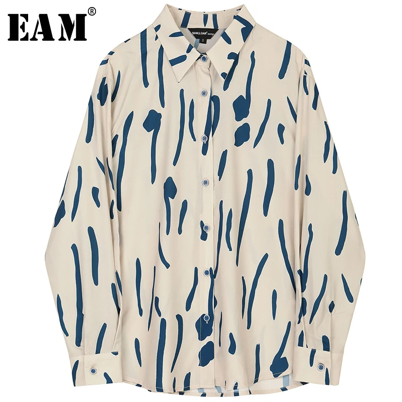 

[EAM] 2019 New Spring Autumn Lapel Long Sleeve Button Pattern Printed Thin Shirt Women Blouse Fashion Tide All-match JY799