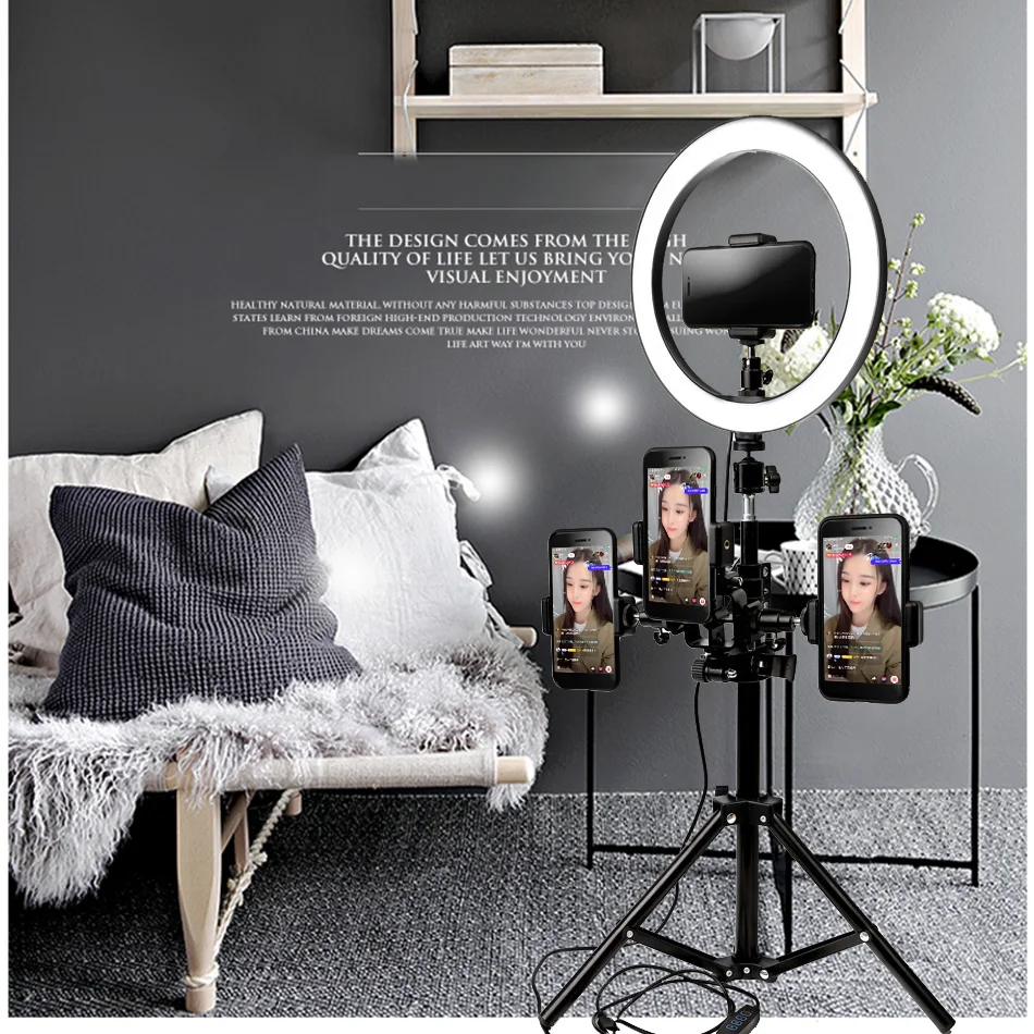 

Dimmable 26cm LED Ring Light Photography Studio Camera Photo Phone Video Light Lamp With Tripod Multiple Mobile Phone Holders