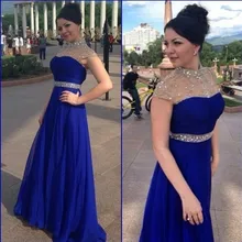 Королевское синее ТРАПЕЦИЕВИДНОЕ длинное вечернее платье размера плюс с рукавами-крылышками и высокой горловиной, шифоновое платье для выпускного вечера, вечернее платье Vestido de noche