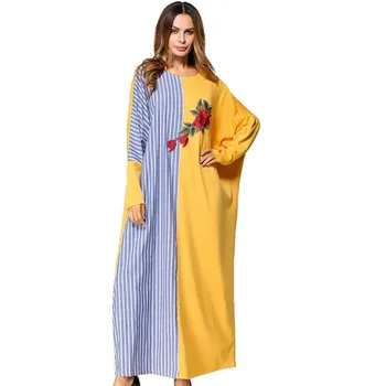 

Muslim Maxi Dress Embroidery Abaya Stripe Long Robe Gowns Batwing Sleeve Loose Middle East Moroccan Arab Islamic Clothing D767