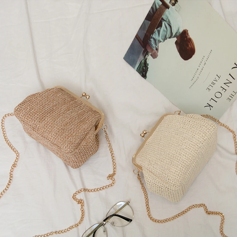 

Mini Personality Imitation Straw Shoulder Bags Chain Handmade Woven Beach Shell Bag Simple And Stylish Crossbody Bags For Women