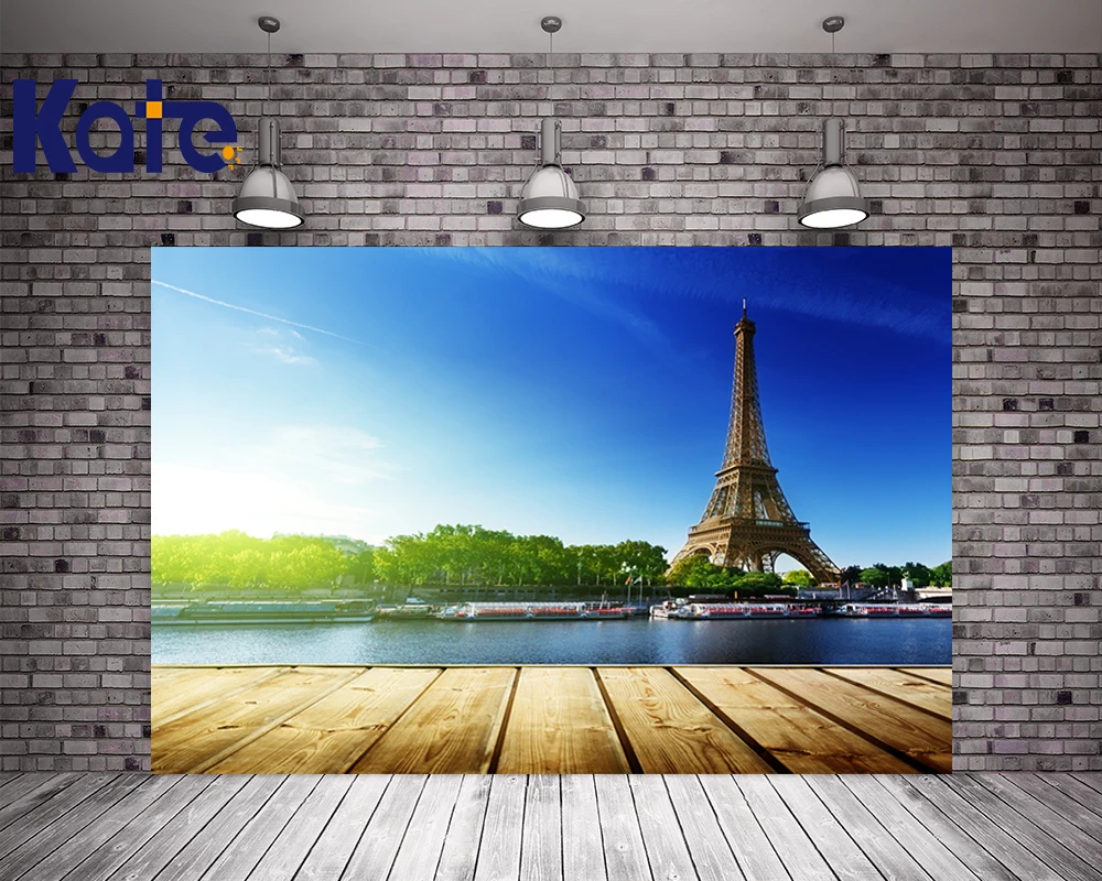 

10X10FT Kate Eiffel Tower Photo Backdrops Wooden Floor Wedding Background Photo Studio Blue Sky Children Photo Backgrounds