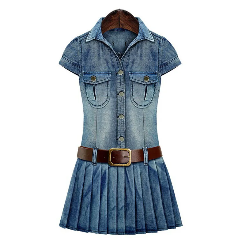 

M-5XL New Summer Women Dresses Plus Size Fashion Turn-down Collar Casual Solid Belt Slim Jeans Dress For Women Denim One-piece