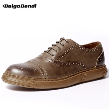 

High-end Mens Retro Brogue Shoes Genuine Leather Round Toe Lace Up Craved Oxfords British Style Chukkas Men Shoes
